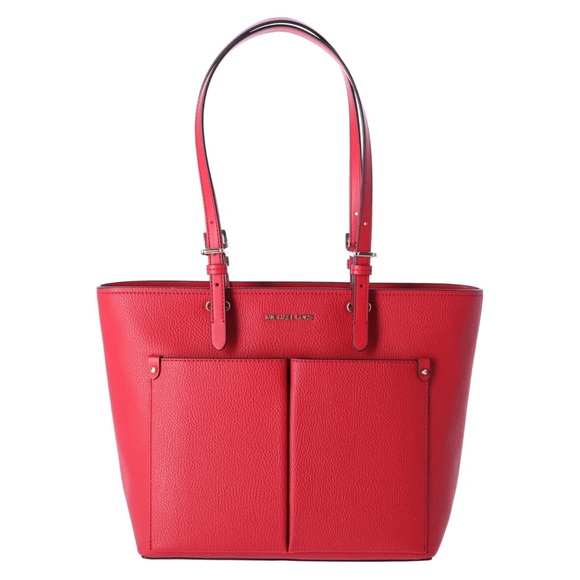 Michael Kors Jet Set Travel Medium Double Pocket Tote Vegan Leather Bright Red - Picture 2 of 6